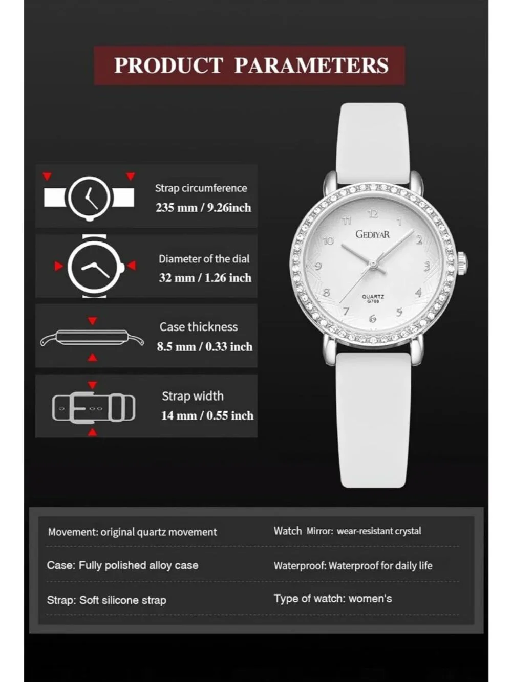 Women's All White Analog Quartz Crystal Rhinestone Bezel Waterproof Wrist Watch